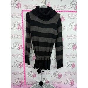 Seduction y2k sweater Pom Pom Striped Cowl Neck Drawstring Sweater Black & Gray